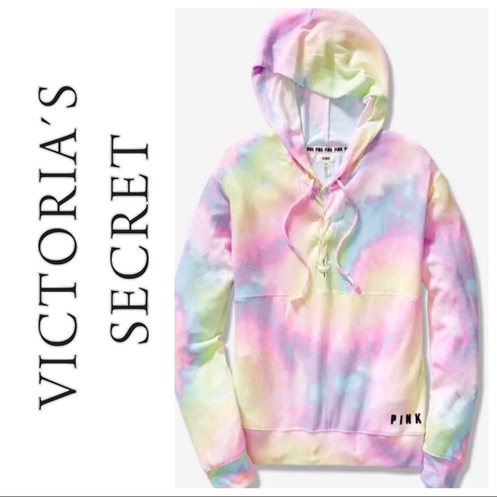 🦄 NEW RARE VS PINK Slouchy Tie Dye Lace Up Hoodie
